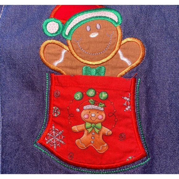 Denim Button-Up Shirt Gingerbread Man Christmas Pocket Design Holiday Party - Picture 4 of 7